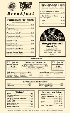 Tangled Garden Breakfast menu